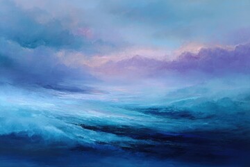 Abstract landscape painting showcasing a dreamy, ethereal vista with swirling clouds and a soft color palette