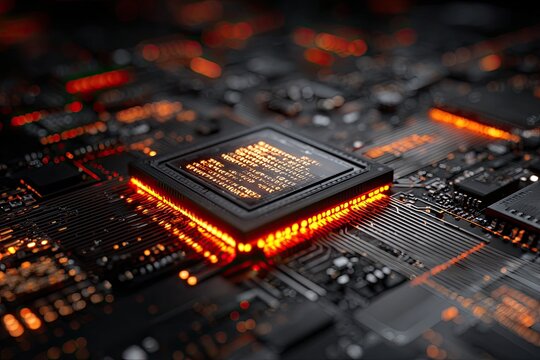 Close-up of a computer processor glowing with orange lights on a dark, circuit board