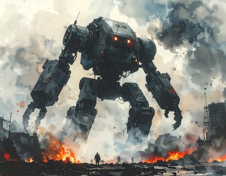 Colossal metal robot striding over burning city debris, emitting a sense of impending doom