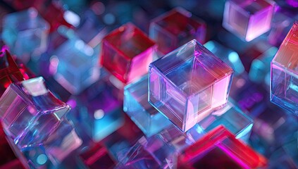 Abstract digital art featuring an array of translucent, glowing cubes in shades of red, blue, and purple