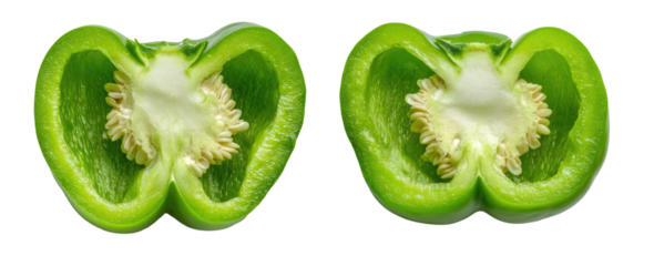 Two halves of a vibrant green bell pepper