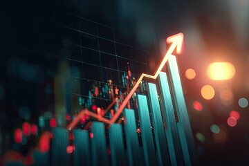 A rising arrow sits atop a bar chart, indicative of financial growth against a blurred background