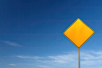 A single yellow diamond sign stands tall against a vibrant blue sky with wispy clouds