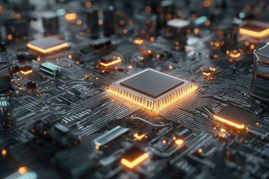 Close-up view of a computer circuit board with a central processing unit and glowing elements