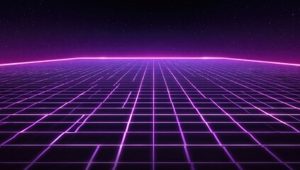 A futuristic, neon grid stretches into the distance under a starry purple sky, reminiscent of the 80s