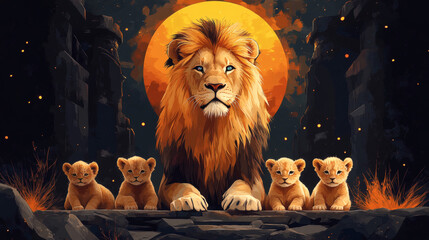Render a majestic lion watching over its cubs in sunset