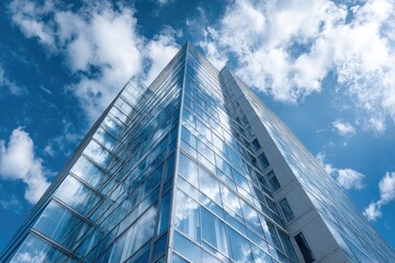 A tall glass-clad skyscraper reaching for the partly cloudy sky, reflecting fluffy white clouds
