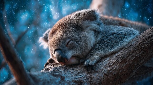 Adorable koala peacefully sleeping on a tree branch amidst a magical starry blue night sky, evoking tranquility and wonder