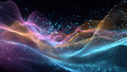Abstract digital rendering of colorful, flowing, undulating shapes, with glowing particles