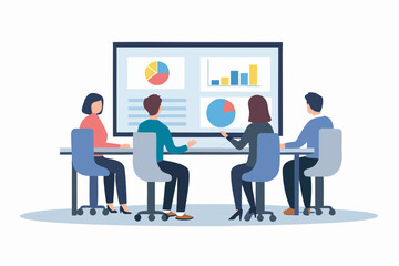 Diverse team of professionals collaborating in a modern office meeting room discussing charts and graphs on a large screen