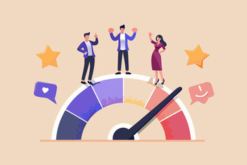 Happy people celebrating success on a satisfaction meter with stars and social media icons