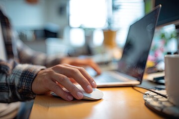 Person's hands using a laptop and a mouse at a desk; blurred office background