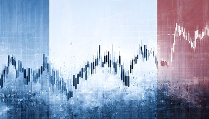 Abstract representation of financial market trends and economic data superimposed over the french national flag symbolizing economic activity and national finance