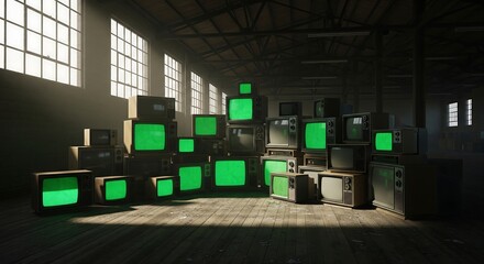 Vintage television screens illuminated with a vibrant green glow, creating an atmospheric and nostalgic display in a rustic warehouse setting