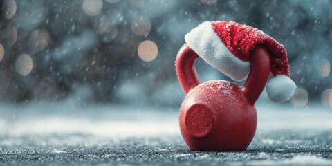 Red kettlebell wearing santa hat in falling snow