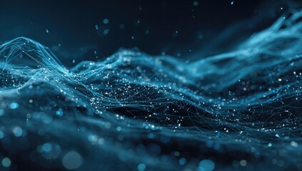 An abstract, blue-toned visual, undulating lines with connected dots, suggesting a digital network