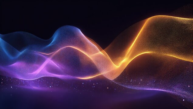 Abstract flowing, swirling ribbons of luminous, colored particles against a dark background