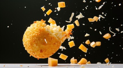 Crispy Fried Cheese Ball Exploding with Cheddar Cubes and Grated Cheese on a Dark Background