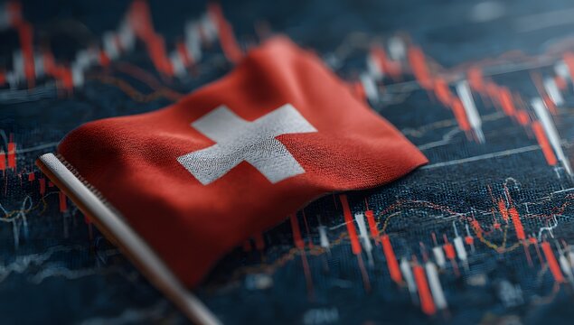 Swiss national flag waving over a financial stock market chart representing economic growth and investment opportunities in switzerland - Powered by Adobe