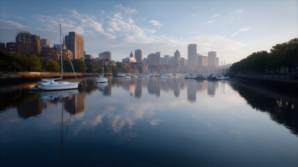 Obraz premium Boats floating on a calm river with a city skyline reflected in the water during early morning light