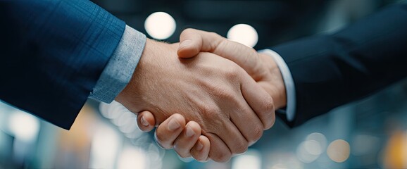Two people in suits shaking hands, symbolizing agreement or partnership. Focus on the intertwined hands