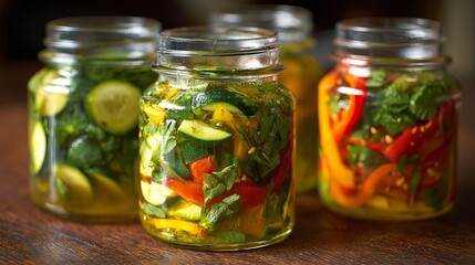 Vibrant jars brimming with fresh pickles showcasing colorful vegetables and herbs, perfect for healthy eating and culinary inspiration.