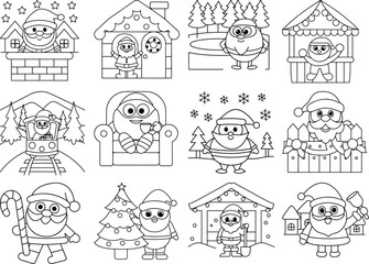 Assortment of Christmas Line Art Drawings with Santa Claus in Different Scenarios Including Houses Trains and Trees