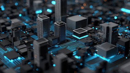 Abstract digital city with illuminated circuits and building silhouettes