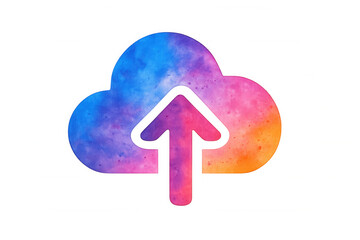 Uploading data to cloud storage service, colorful watercolor internet icon representing computing and file sharing