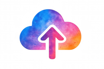Uploading data to cloud storage service, colorful watercolor internet icon representing computing and file sharing