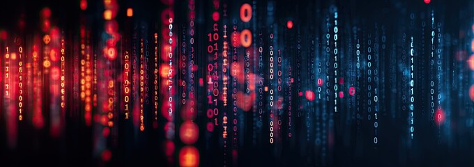 Digital abstract depicts binary code streams with bokeh effects, in red and blue gradients