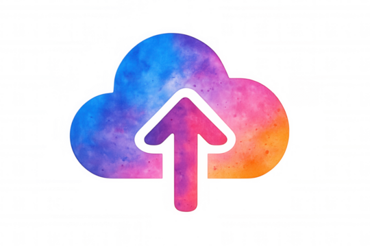 Uploading data to cloud storage service, colorful watercolor internet icon representing computing and file sharing