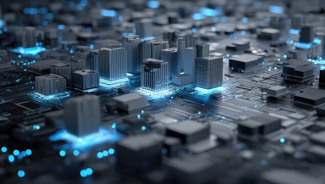 A futuristic cityscape rendered in a circuit board, glowing blue