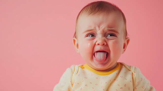 bebe llorando con la lengua fuera