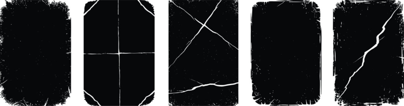 Set of Five Distressed Black Grunge Overlay Texture Vectors, Vintage Photo Frame Borders with Rough Edges, Cracks, Folds, and Damaged Paper Effects for Retro Design Projects.