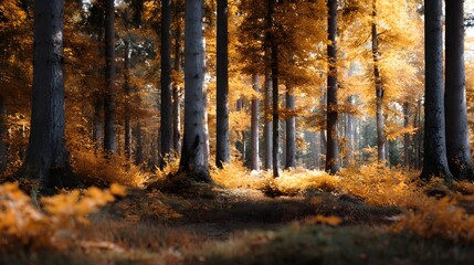 Fototapeta premium Golden autumn forest bathed in warm sunlight with tall trees and fallen leaves on the ground
