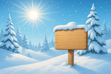 Blank wooden sign covered with snow in sunny winter forest with pine trees and falling snowflakes