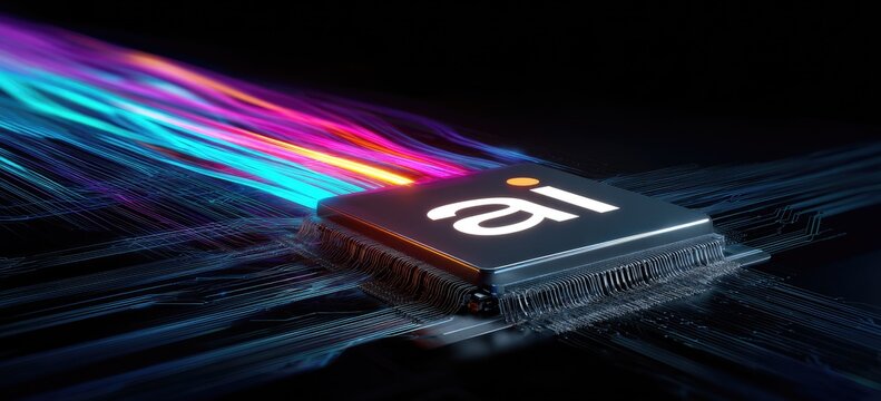 A computer chip with the text "ai" glows with colorful light trails against a dark background