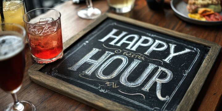Chalkboard happy hour sign on bar table with drinks