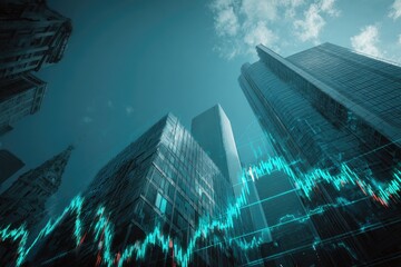 Low angle cityscape with stock market data overlay, blue tones, conveying finance & investment