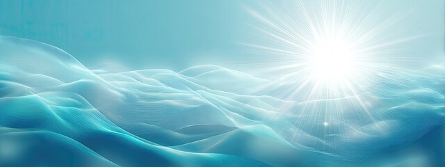 Abstract digital art featuring a radiant sun over stylized blue, flowing, wave-like forms