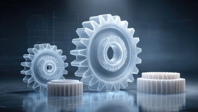 Blue-toned 3D illustration of several translucent gears set against a dark, technical backdrop