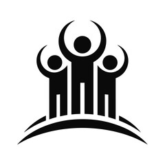 Three silhouetted figures celebrating together on a curved line