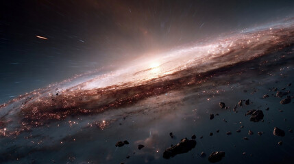 Naklejka premium A breathtaking view of a galaxy's core, with intense starbursts and swirling cosmic dust amidst the vast space