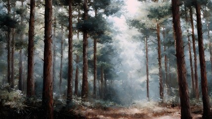 Misty forest of tall pine trees with soft sunlight filtering through the canopy