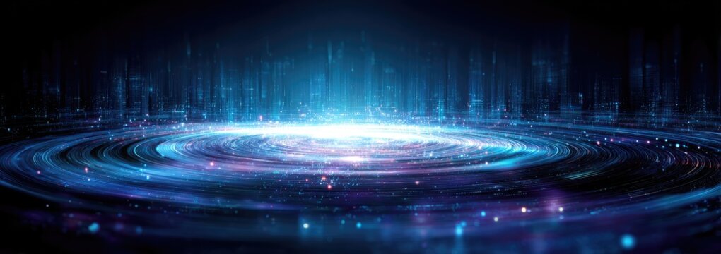 Abstract, futuristic digital image of an energy field swirling in space with vertical light beams