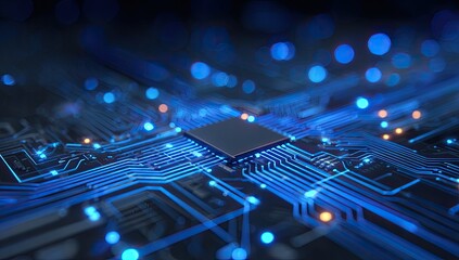 Close-up of a glowing circuit board with a central processor and abstract bokeh lights