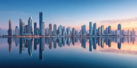 Panoramic view of a modern city skyline mirrored in tranquil water at dawn, with vibrant sky