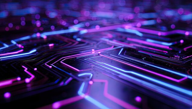 Close-up of glowing, abstract circuitry with neon blue and purple lines and bokeh effects