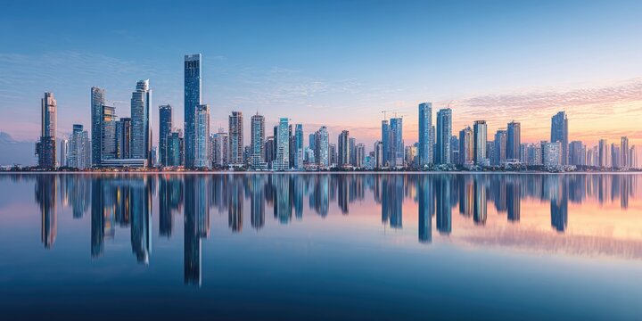 Panoramic view of a modern city skyline mirrored in tranquil water at dawn, with vibrant sky